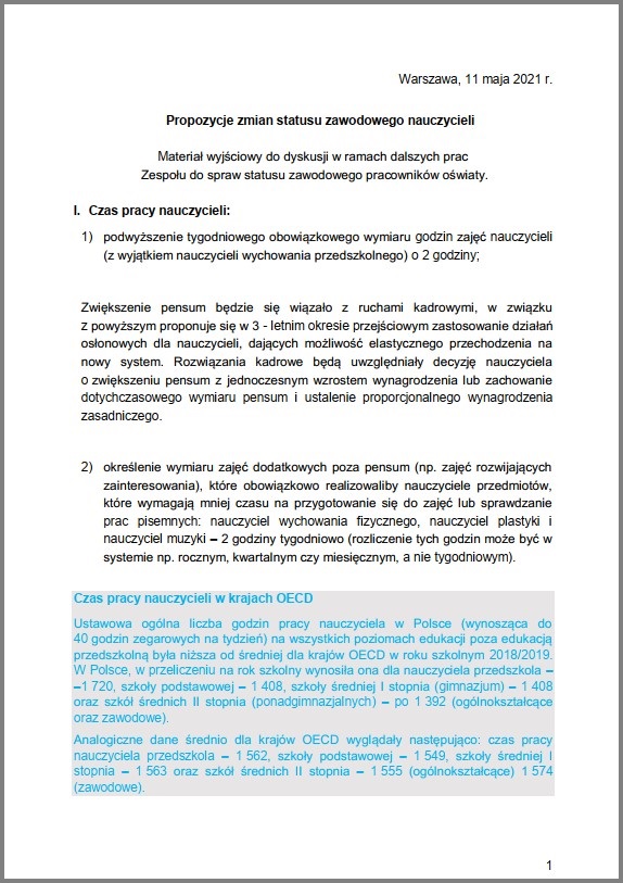 Propozycja zmian statusu zawodowego nauczycieli 